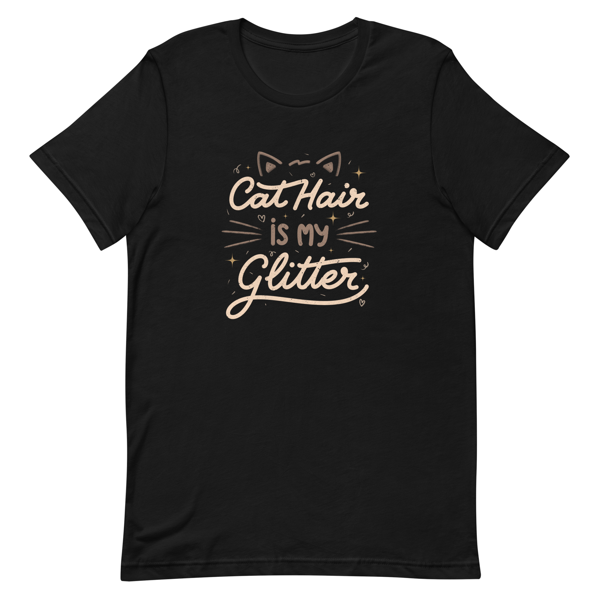 This artwork features fun lettering with the phrase "Cat Hair is My Glitter," accompanied by cat ears, hearts, and gold glitter. It humorously celebrates the lives of those who live with cats and have grown accustomed to having fur everywhere. Ideal for feline lovers who wear their furry coats as if they were real glitter.