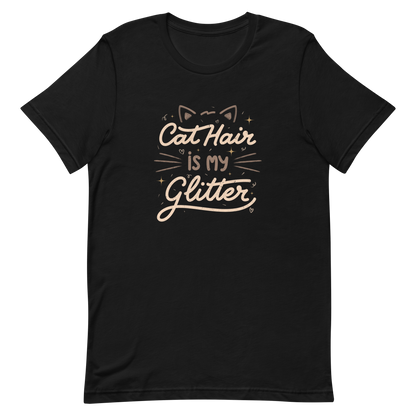 This artwork features fun lettering with the phrase "Cat Hair is My Glitter," accompanied by cat ears, hearts, and gold glitter. It humorously celebrates the lives of those who live with cats and have grown accustomed to having fur everywhere. Ideal for feline lovers who wear their furry coats as if they were real glitter.