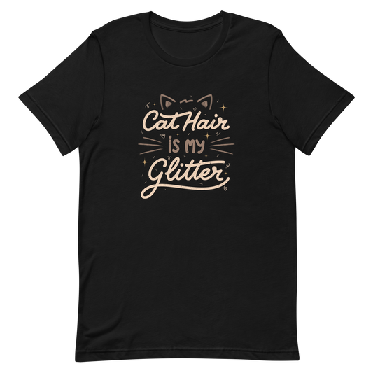 This artwork features fun lettering with the phrase "Cat Hair is My Glitter," accompanied by cat ears, hearts, and gold glitter. It humorously celebrates the lives of those who live with cats and have grown accustomed to having fur everywhere. Ideal for feline lovers who wear their furry coats as if they were real glitter.