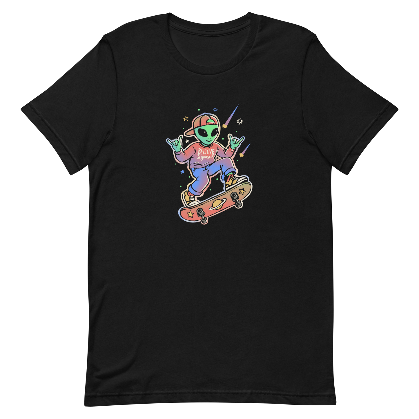 A stylish alien rides a cosmic skateboard, wearing a sweatshirt that says "Believe in Yourself". The artwork blends humor, urban culture, and a space-themed feel with vibrant colors. Ideal for alien fans, skateboard lovers, and anyone who enjoys creative prints with a positive message.