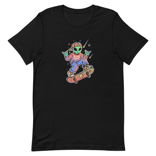 A stylish alien rides a cosmic skateboard, wearing a sweatshirt that says "Believe in Yourself". The artwork blends humor, urban culture, and a space-themed feel with vibrant colors. Ideal for alien fans, skateboard lovers, and anyone who enjoys creative prints with a positive message.