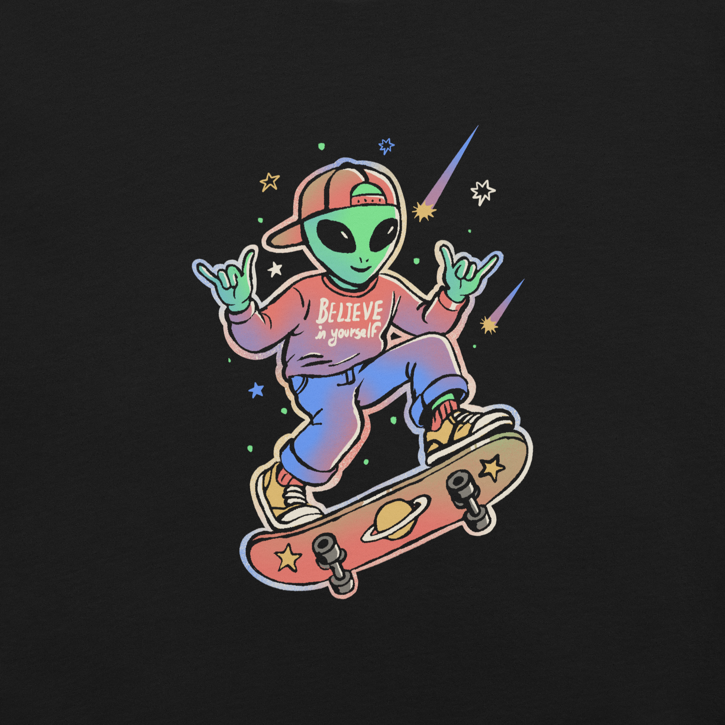 A stylish alien rides a cosmic skateboard, wearing a sweatshirt that says "Believe in Yourself". The artwork blends humor, urban culture, and a space-themed feel with vibrant colors. Ideal for alien fans, skateboard lovers, and anyone who enjoys creative prints with a positive message.