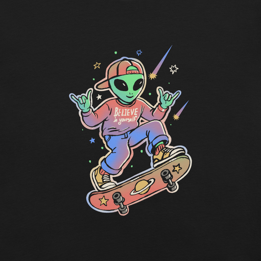 A stylish alien rides a cosmic skateboard, wearing a sweatshirt that says "Believe in Yourself". The artwork blends humor, urban culture, and a space-themed feel with vibrant colors. Ideal for alien fans, skateboard lovers, and anyone who enjoys creative prints with a positive message.