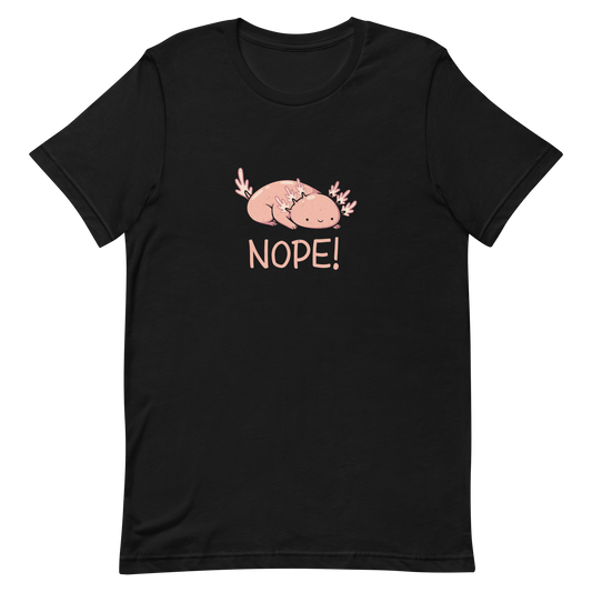 An artwork featuring a lazy pink axolotl creature with a big "NOPE" attitude. Perfect for expressing your inner lazy mood in the cutest way. Ideal for fans of adorable animals, pastel aesthetics, and funny cartoon designs.