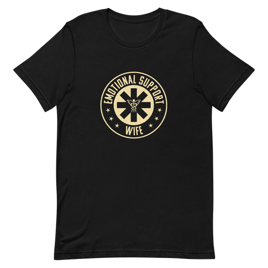 Designed in the shape of an official stamp with the phrase “Emotional Support Wife” accompanied by the medical symbol and a vintage aesthetic. A fun (and perhaps somewhat true) statement about the emotional role of wives in a couple’s life. Perfect for a gift for the caring partner, the therapist husband or the comedian in the relationship.