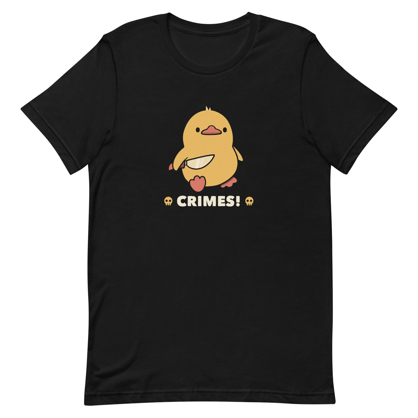 A cute yellow duck holding a small knife, with the text "Crimes" below it. This artwork blends humor with the ducks' temperament.