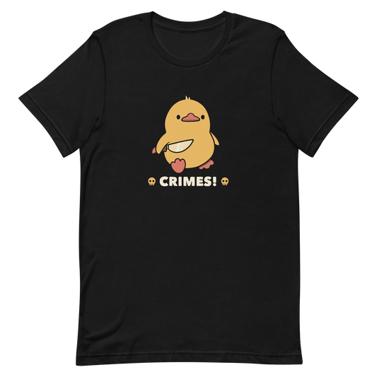 A cute yellow duck holding a small knife, with the text "Crimes" below it. This artwork blends humor with the ducks' temperament.