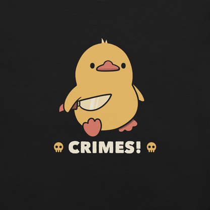 A cute yellow duck holding a small knife, with the text "Crimes" below it. This artwork blends humor with the ducks' temperament.