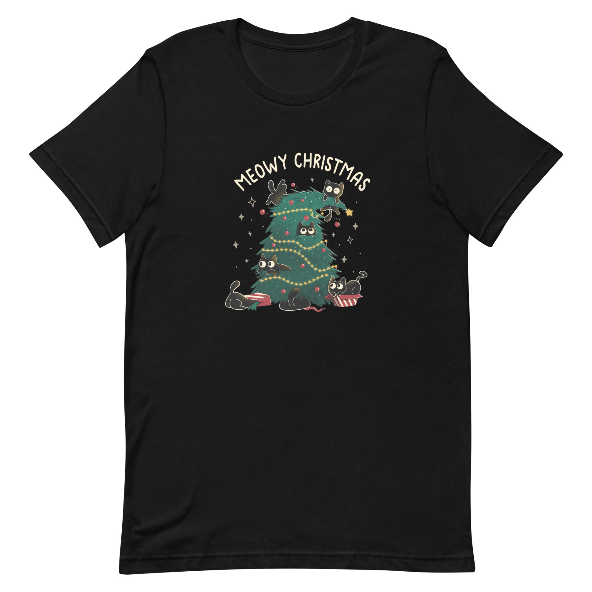 A Christmas tree full of black kittens hanging from it as if they were playing with it, an art that plays on how cats love Christmas trees. A perfect gift for anyone who loves Christmas and cats.