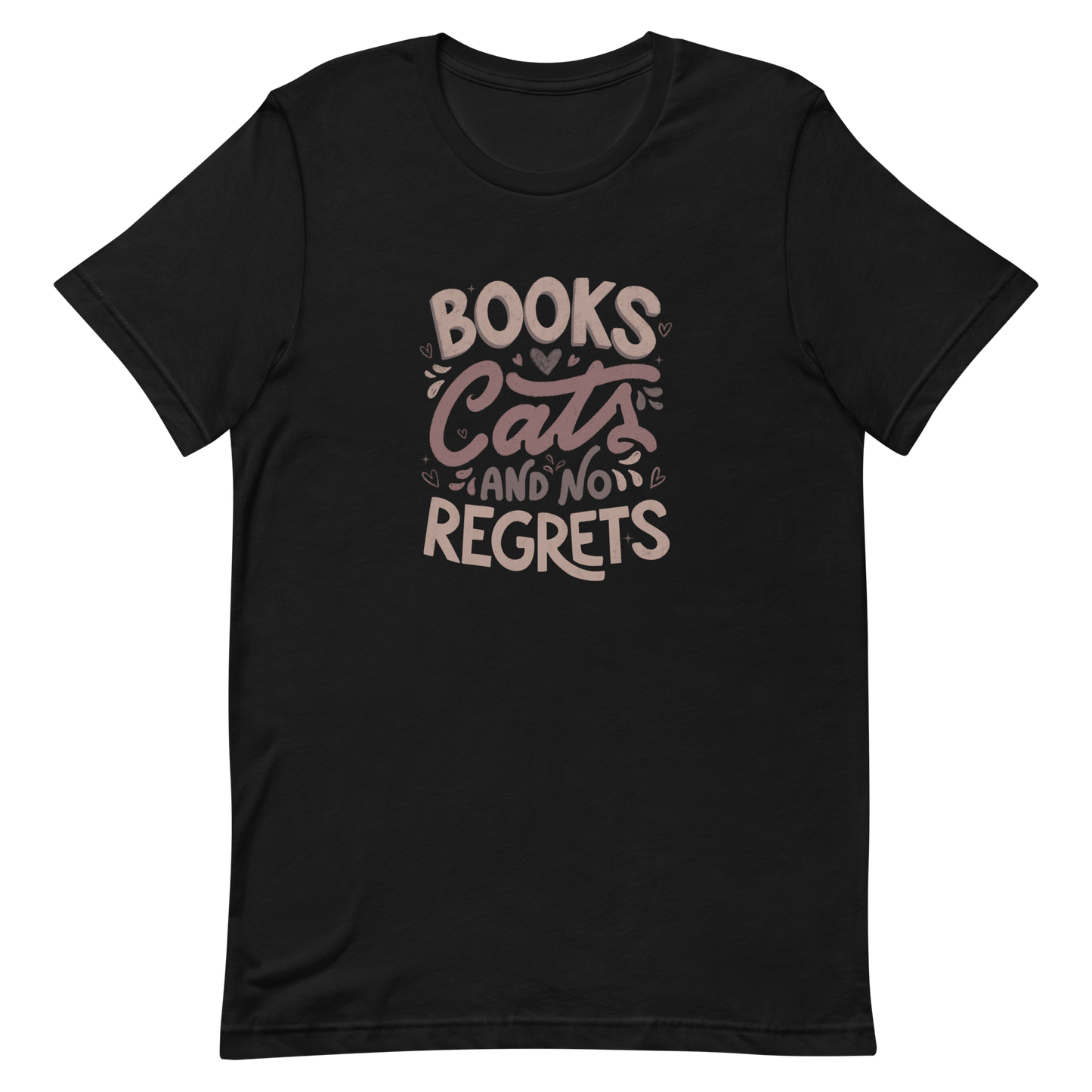 A stylish lettering with the phrase "Books, Cats, and No Regrets," decorated with hearts and cute details, conveys the idea that books and cats are all we need for a happy, regret-free life. Perfect for book lovers and cat lovers who enjoy prints full of personality.