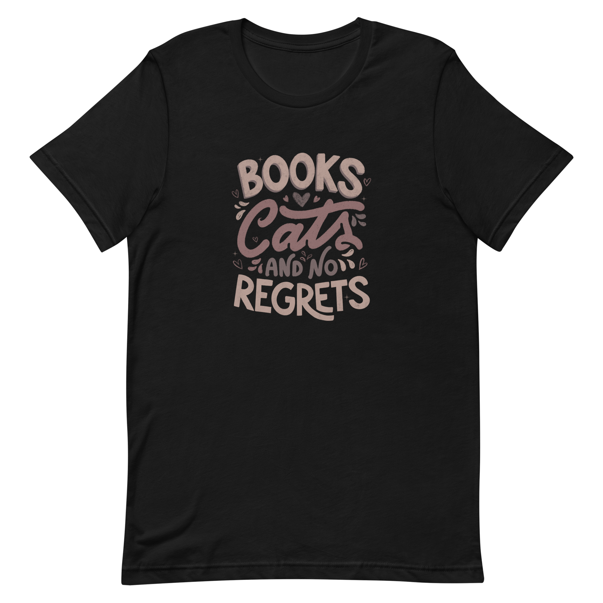 A stylish lettering with the phrase "Books, Cats, and No Regrets," decorated with hearts and cute details, conveys the idea that books and cats are all we need for a happy, regret-free life. Perfect for book lovers and cat lovers who enjoy prints full of personality.