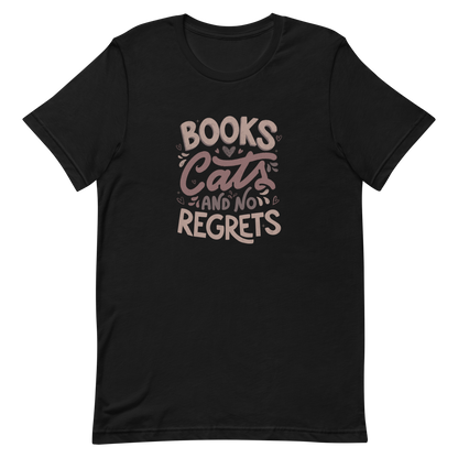 A stylish lettering with the phrase "Books, Cats, and No Regrets," decorated with hearts and cute details, conveys the idea that books and cats are all we need for a happy, regret-free life. Perfect for book lovers and cat lovers who enjoy prints full of personality.
