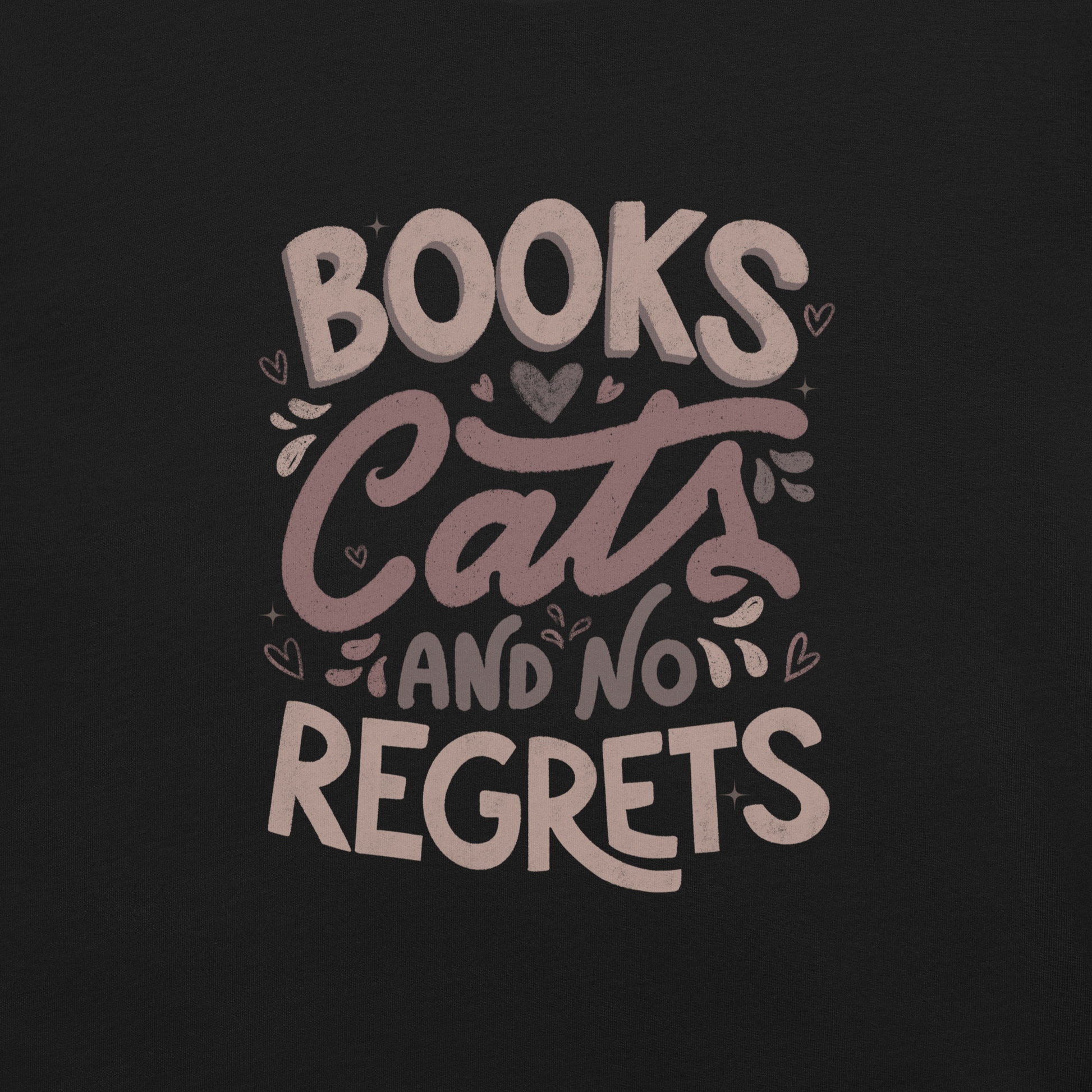 A stylish lettering with the phrase "Books, Cats, and No Regrets," decorated with hearts and cute details, conveys the idea that books and cats are all we need for a happy, regret-free life. Perfect for book lovers and cat lovers who enjoy prints full of personality.