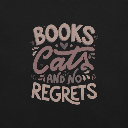 A stylish lettering with the phrase "Books, Cats, and No Regrets," decorated with hearts and cute details, conveys the idea that books and cats are all we need for a happy, regret-free life. Perfect for book lovers and cat lovers who enjoy prints full of personality.