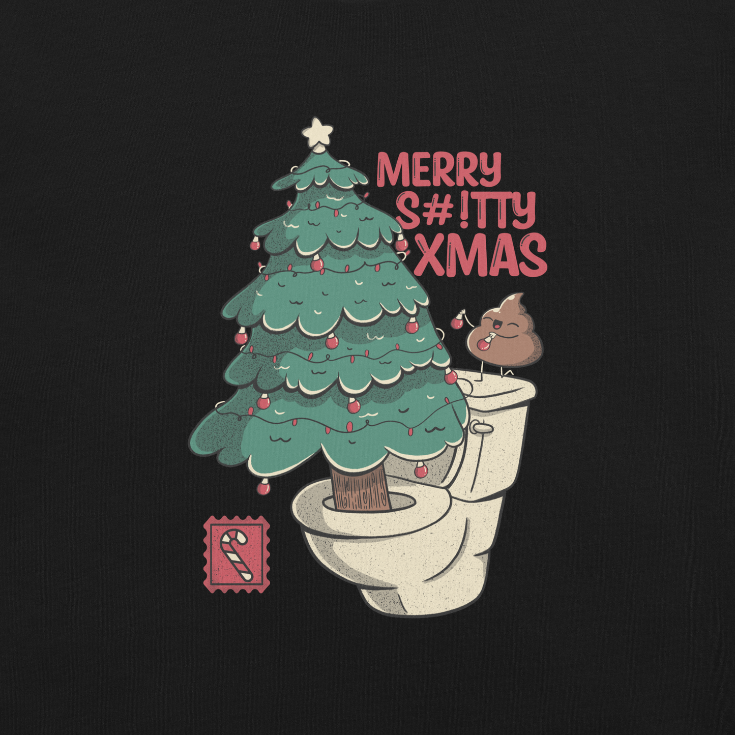 A toilet from which a Christmas tree is being decorated with Christmas decorations by a small poop, next to them the phrase "Merry Shitty Xmas". An art with a lot of humor for the Christmas mood.