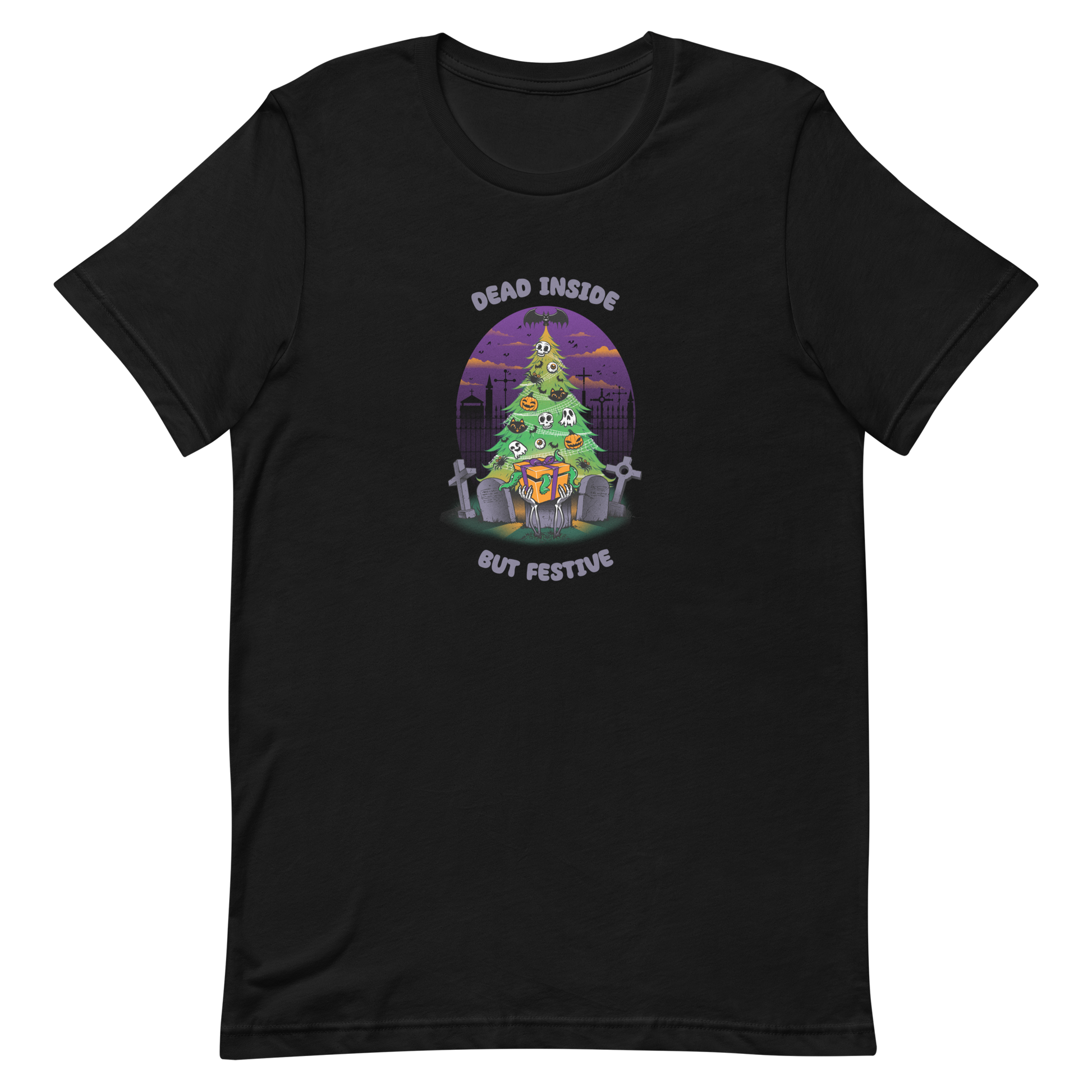 A quirky illustration features a Christmas tree decorated with skulls, pumpkins, and bats, set in a graveyard. The sky is purple and orange, with bats and tombstones surrounding the tree. A skeleton hand holds a festive gift box at the base. Above, text reads "Dead Inside" and below, "But Festive". The design combines Halloween and Christmas elements in a humorous style, highlighting a gothic and festive theme.