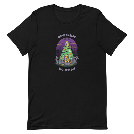 A quirky illustration features a Christmas tree decorated with skulls, pumpkins, and bats, set in a graveyard. The sky is purple and orange, with bats and tombstones surrounding the tree. A skeleton hand holds a festive gift box at the base. Above, text reads "Dead Inside" and below, "But Festive". The design combines Halloween and Christmas elements in a humorous style, highlighting a gothic and festive theme.