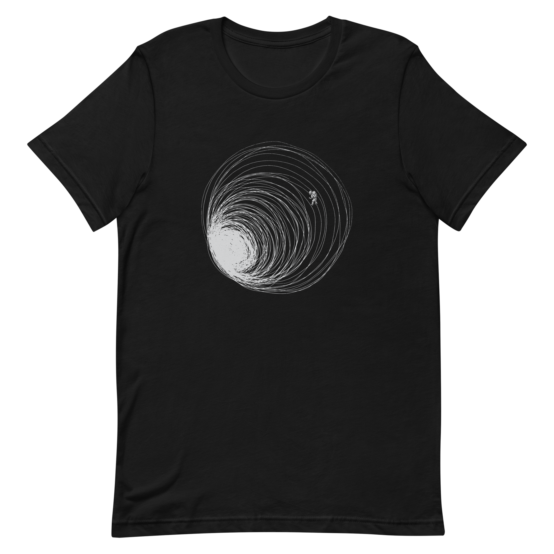 A big black hole with an astronaut floating around as if being sucked into it. A minimalist art perfect for those who love space.