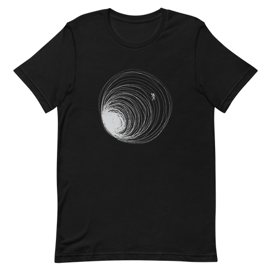 A big black hole with an astronaut floating around as if being sucked into it. A minimalist art perfect for those who love space.