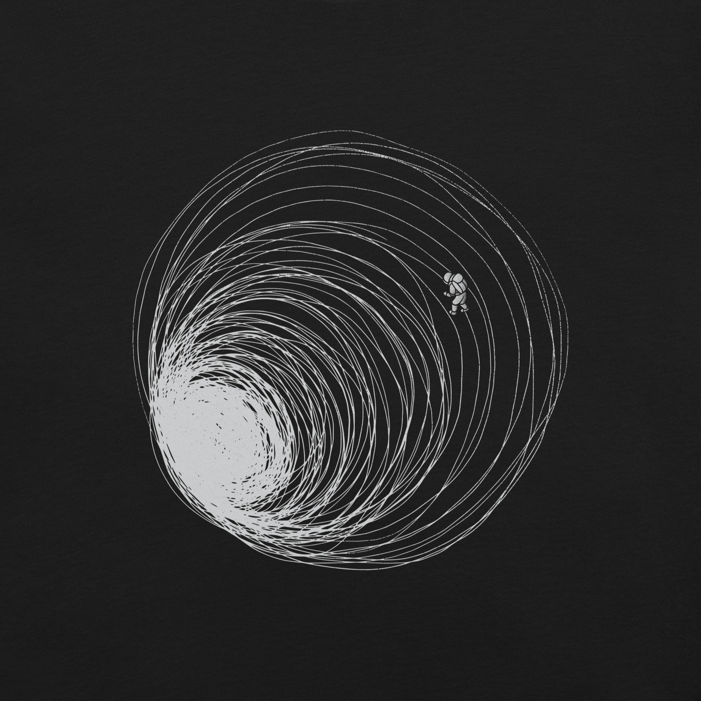A big black hole with an astronaut floating around as if being sucked into it. A minimalist art perfect for those who love space.
