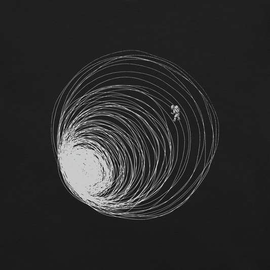 A big black hole with an astronaut floating around as if being sucked into it. A minimalist art perfect for those who love space.