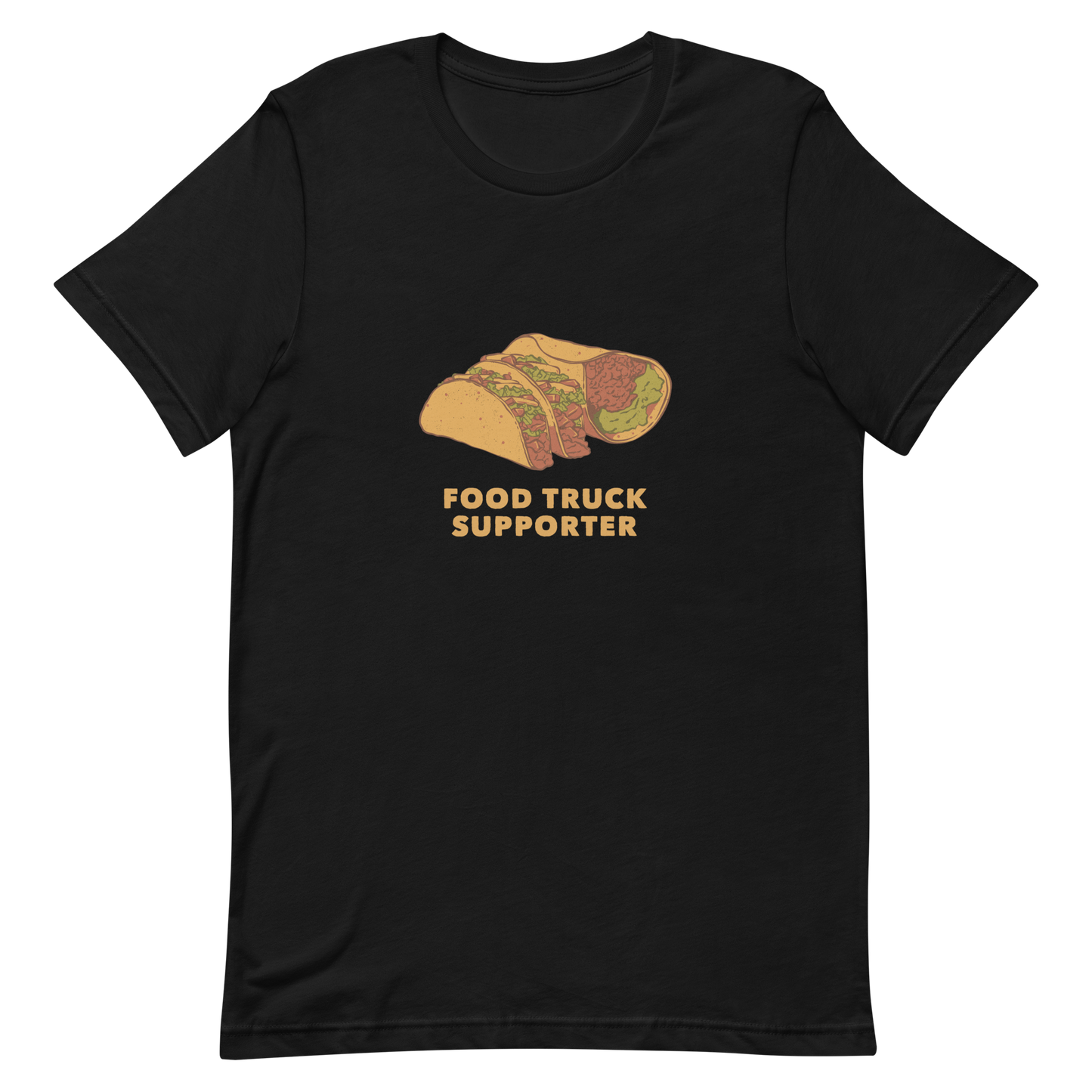 Two delicious tacos and a burrito with the phrase below "Food Truck Supporter". This design celebrates the love of street food and the joy of discovering amazing flavors on wheels. Perfect for Mexican food lovers, taco fans, and anyone who proudly supports local food trucks.