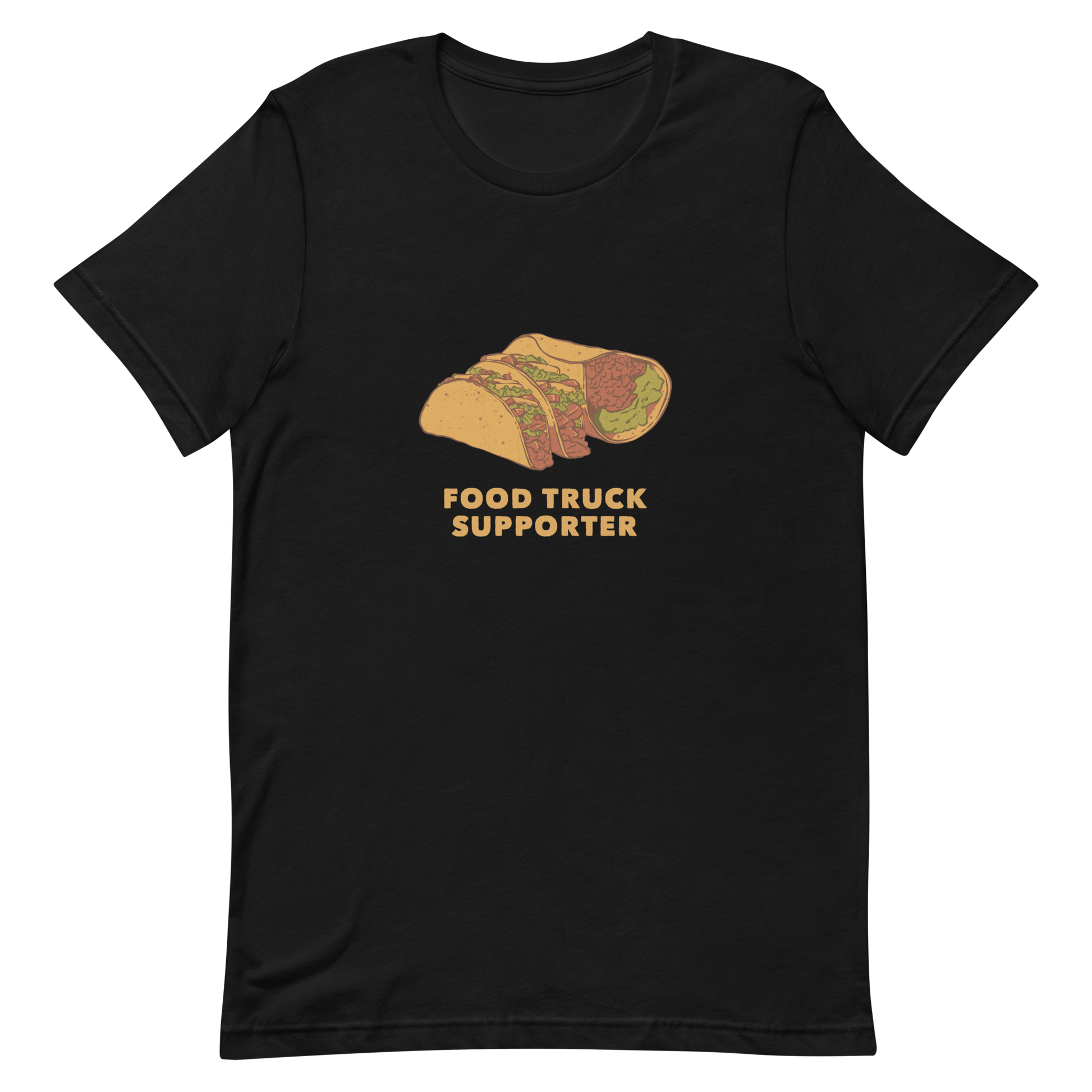 Two delicious tacos and a burrito with the phrase below "Food Truck Supporter". This design celebrates the love of street food and the joy of discovering amazing flavors on wheels. Perfect for Mexican food lovers, taco fans, and anyone who proudly supports local food trucks.