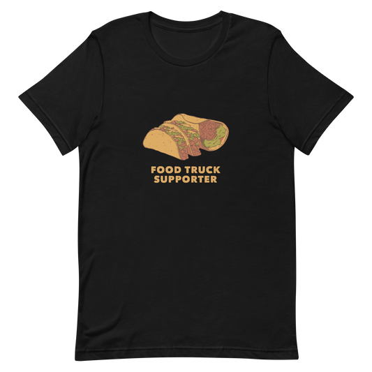 Two delicious tacos and a burrito with the phrase below "Food Truck Supporter". This design celebrates the love of street food and the joy of discovering amazing flavors on wheels. Perfect for Mexican food lovers, taco fans, and anyone who proudly supports local food trucks.