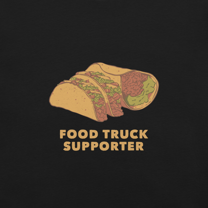 Two delicious tacos and a burrito with the phrase below "Food Truck Supporter". This design celebrates the love of street food and the joy of discovering amazing flavors on wheels. Perfect for Mexican food lovers, taco fans, and anyone who proudly supports local food trucks.