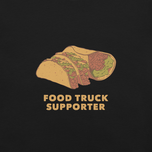 Two delicious tacos and a burrito with the phrase below "Food Truck Supporter". This design celebrates the love of street food and the joy of discovering amazing flavors on wheels. Perfect for Mexican food lovers, taco fans, and anyone who proudly supports local food trucks.