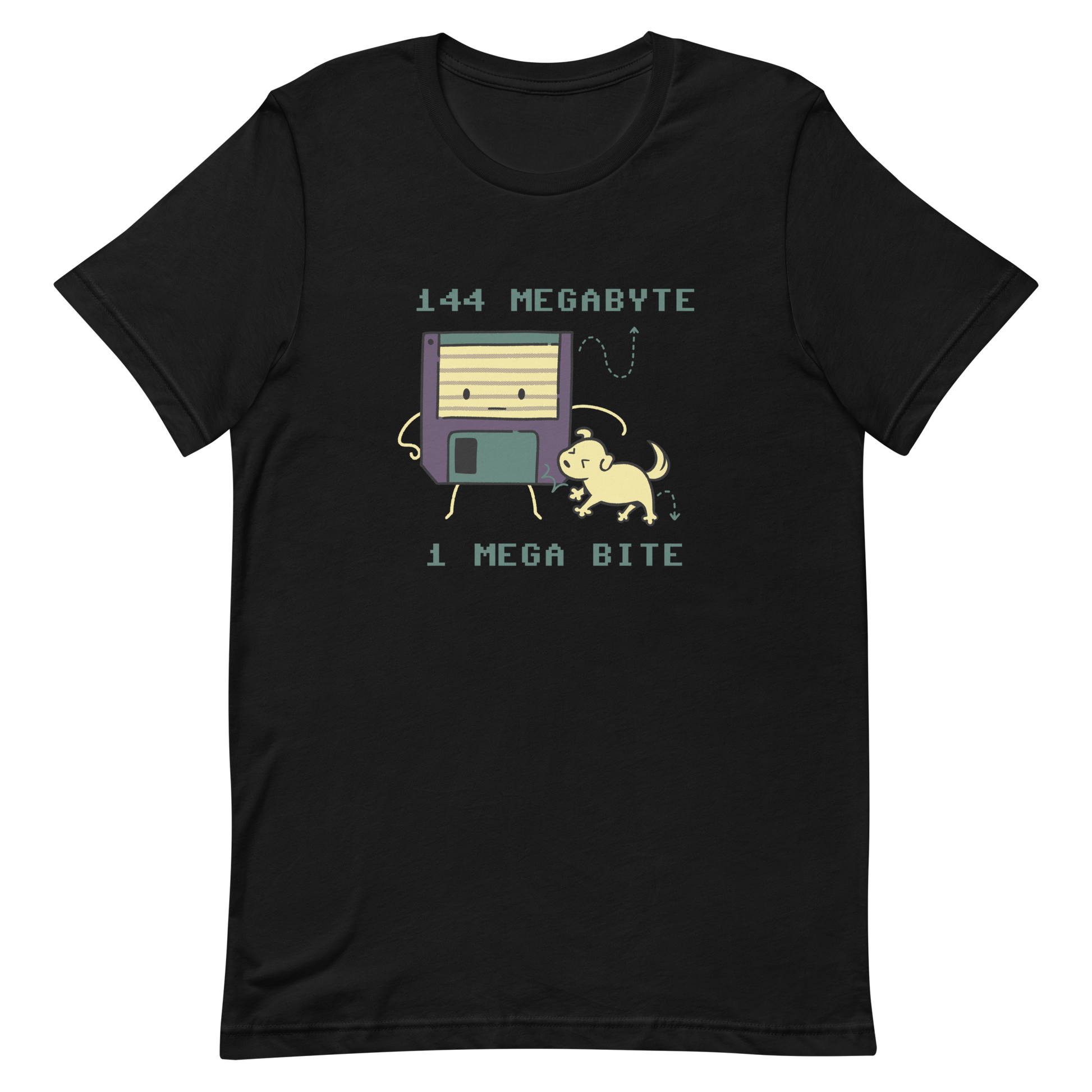 A cute floppy disk stands nervously while a little dog playfully bites its corner, with the text “144 Megabyte / 1 Mega Bite”. This clever pun mixes retro tech nostalgia with a dose of adorable chaos. Perfect for geeks, gamers and anyone who loves a good tech joke.