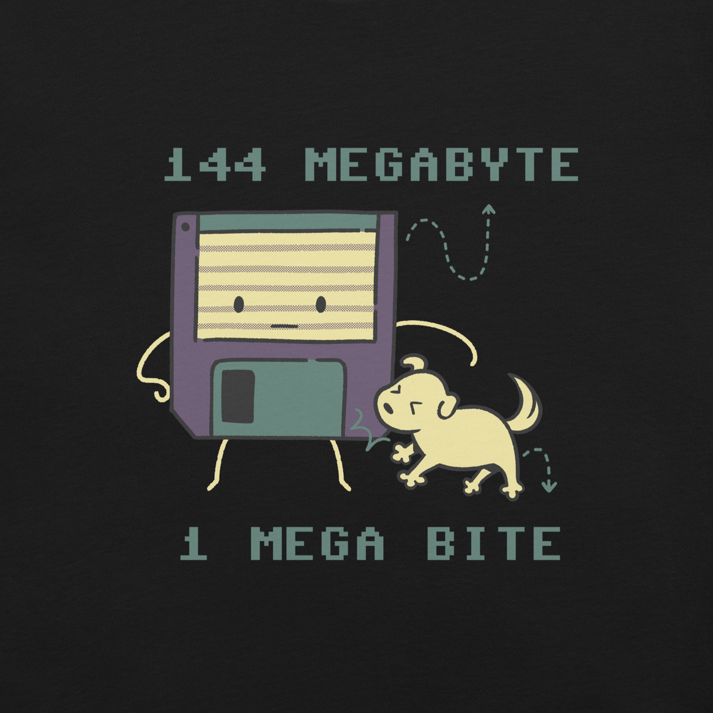 A cute floppy disk stands nervously while a little dog playfully bites its corner, with the text “144 Megabyte / 1 Mega Bite”. This clever pun mixes retro tech nostalgia with a dose of adorable chaos. Perfect for geeks, gamers and anyone who loves a good tech joke.