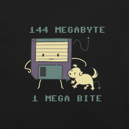 A cute floppy disk stands nervously while a little dog playfully bites its corner, with the text “144 Megabyte / 1 Mega Bite”. This clever pun mixes retro tech nostalgia with a dose of adorable chaos. Perfect for geeks, gamers and anyone who loves a good tech joke.