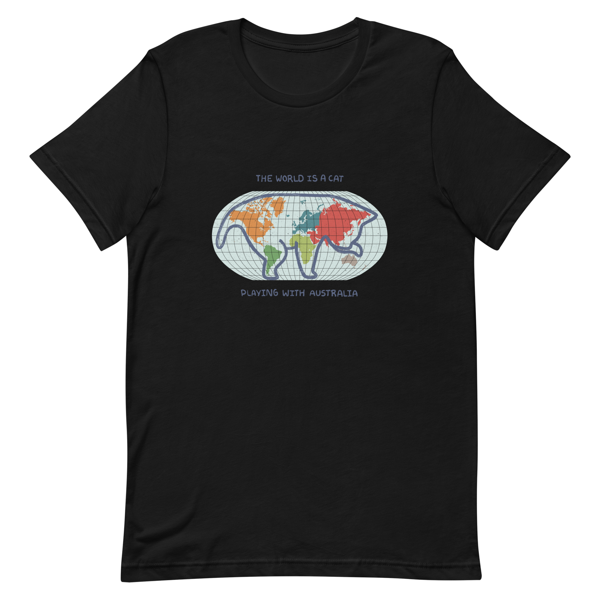 The world map forms the silhouette of a giant cat playing with Australia as if it were a toy. This design transforms the planet into a fun scene that combines humor and imagination. Ideal for cat lovers, geography enthusiasts and anyone who enjoys seeing the world with a touch of creativity.