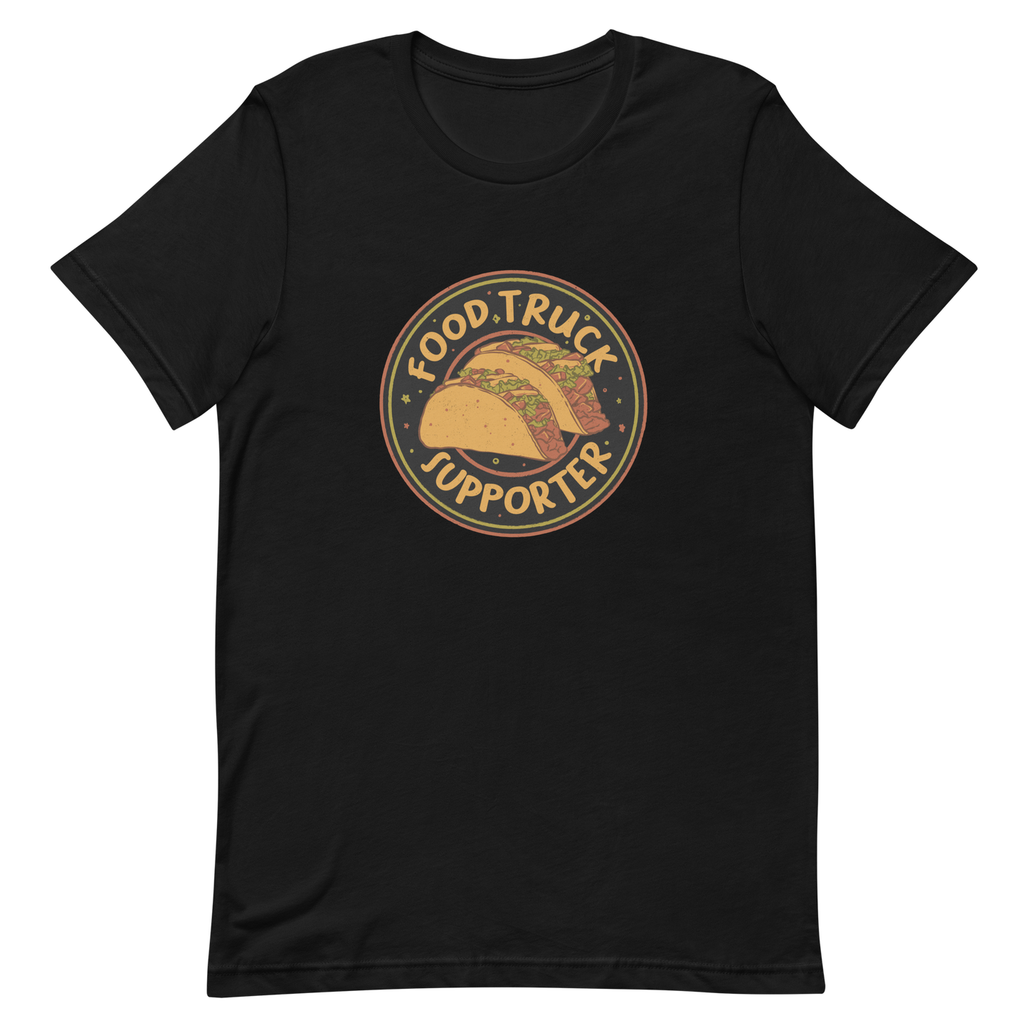 Two delicious tacos sit at the center of a bold circular badge under the phrase “Food Truck Supporter”. This design celebrates the love for street food and the joy of discovering amazing flavors on wheels. Perfect for foodies, taco lovers, and anyone who proudly supports their local food trucks.