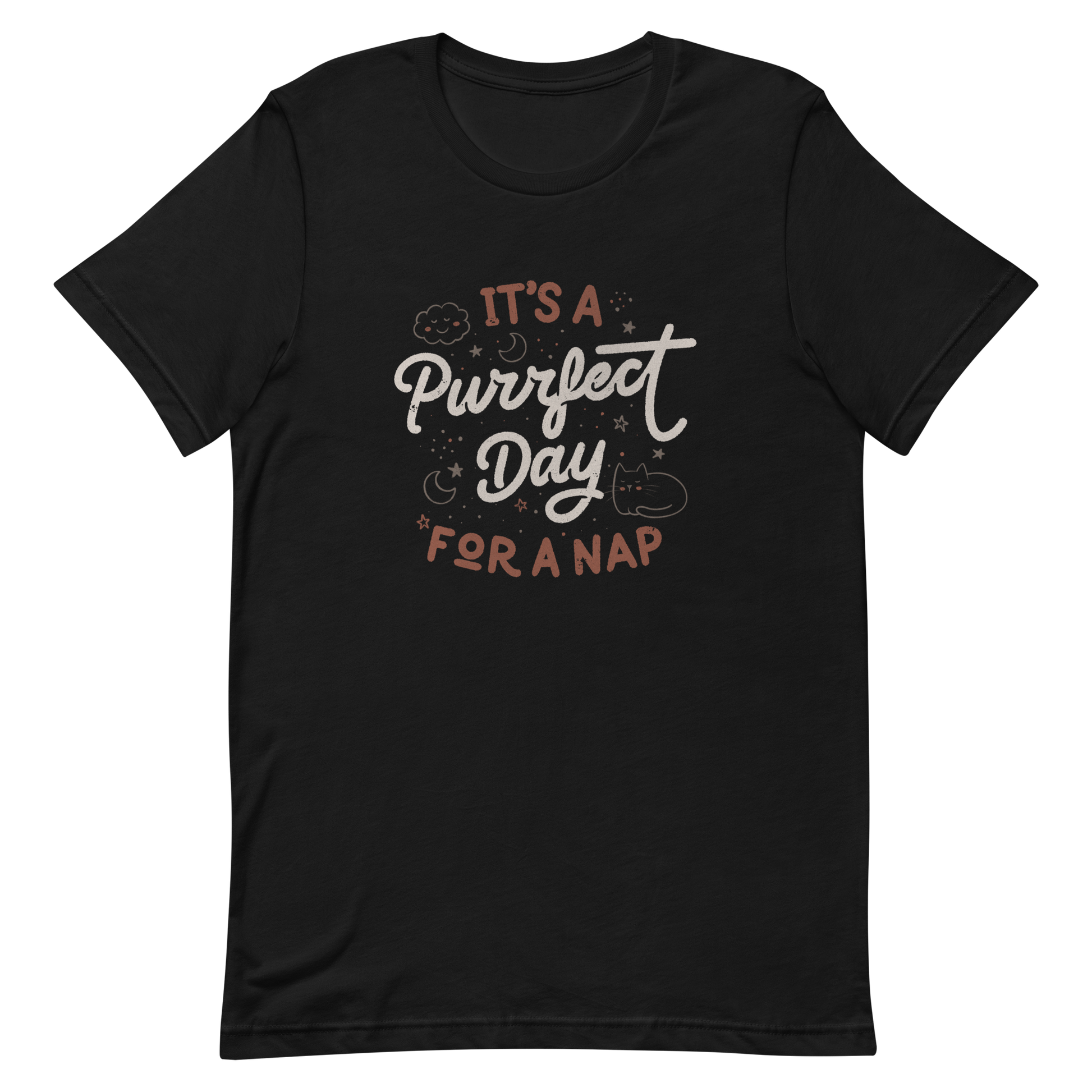 The artwork features the lettering "It's a Purrfect Day for a Nap" in a cute retro style, with a smiling cloud, stars, moons, and a relaxing kitten. This composition plays on the pun of "purrfect" and conveys all the charm of felines in their favorite moment: napping. Ideal for cat lovers, fans of funny phrases, and those who love to transform laziness into a lifestyle.