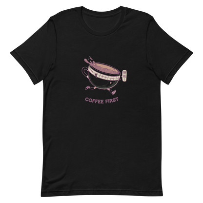 A cute coffee cup with arms and legs runs excitedly, while the drink overflows in motion. This artwork represents the energy of the first sip of coffee and the idea that everything starts better after that. Perfect for coffee lovers, people with a good sense of humor, and anyone who needs a morning energy boost.