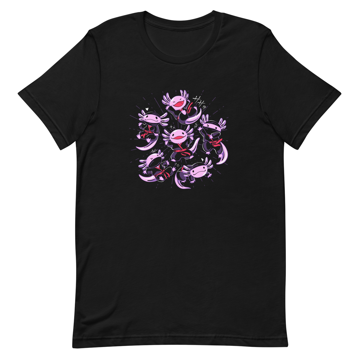 Several axolotls dressed as ninjas, each in different, energetic poses. This design combines cuteness and martial arts in a fun and unique scene. Ideal for axolotl fans, Japanese culture lovers, and those who enjoy fun and original prints.