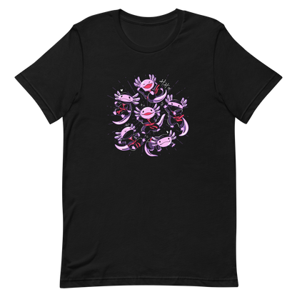 Several axolotls dressed as ninjas, each in different, energetic poses. This design combines cuteness and martial arts in a fun and unique scene. Ideal for axolotl fans, Japanese culture lovers, and those who enjoy fun and original prints.