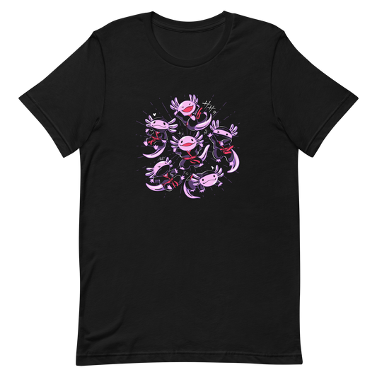 Several axolotls dressed as ninjas, each in different, energetic poses. This design combines cuteness and martial arts in a fun and unique scene. Ideal for axolotl fans, Japanese culture lovers, and those who enjoy fun and original prints.