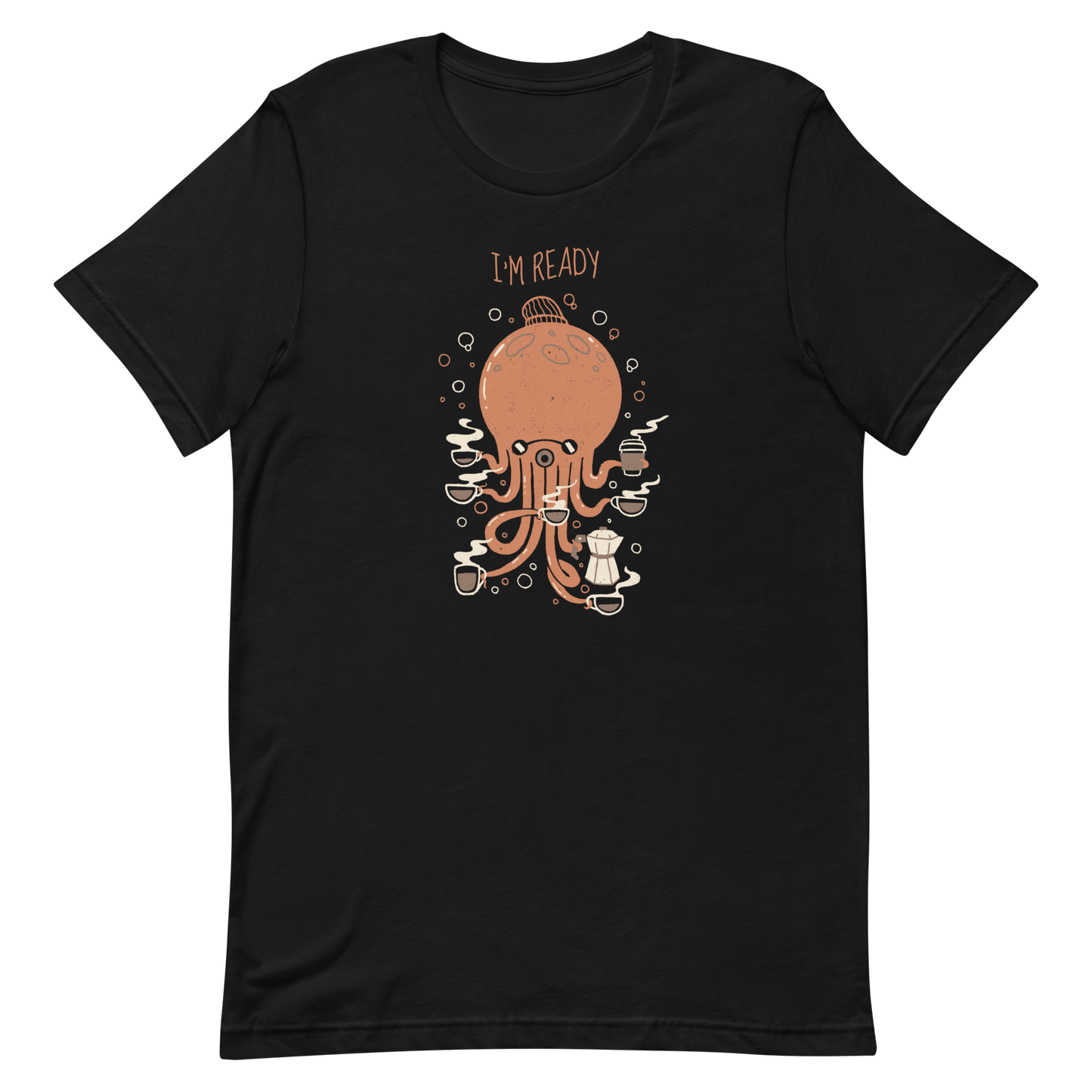 An orange octopus wearing a cap, balancing several cups of steaming coffee on its tentacles. This design blends the marine world with a passion for coffee, creating a fun and energetic scene. Ideal for coffee lovers, fans of funny illustrations, and anyone who needs a stylish morning pick-me-up.