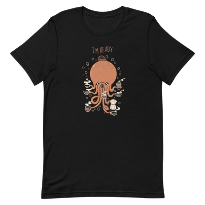 An orange octopus wearing a cap, balancing several cups of steaming coffee on its tentacles. This design blends the marine world with a passion for coffee, creating a fun and energetic scene. Ideal for coffee lovers, fans of funny illustrations, and anyone who needs a stylish morning pick-me-up.