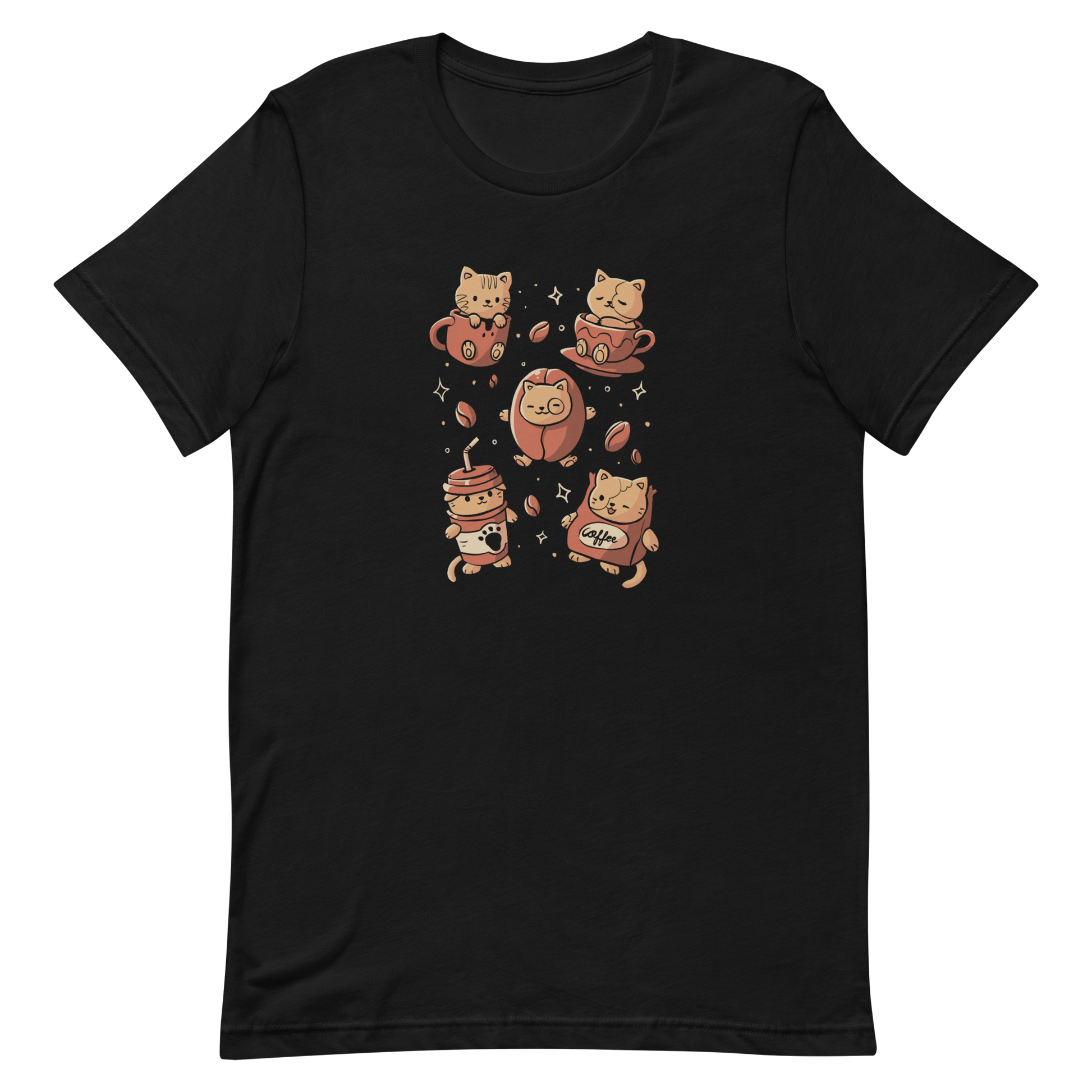 The design shows cute kittens interacting with coffee-themed elements. One kitten sits in a mug, another in a cup, a third in a coffee bean, while two wear coffee cup and bag costumes. The style is playful and cartoonish with a warm color palette and whimsical coffee beans scattered around.