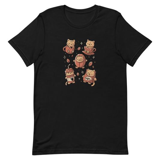 The design shows cute kittens interacting with coffee-themed elements. One kitten sits in a mug, another in a cup, a third in a coffee bean, while two wear coffee cup and bag costumes. The style is playful and cartoonish with a warm color palette and whimsical coffee beans scattered around.