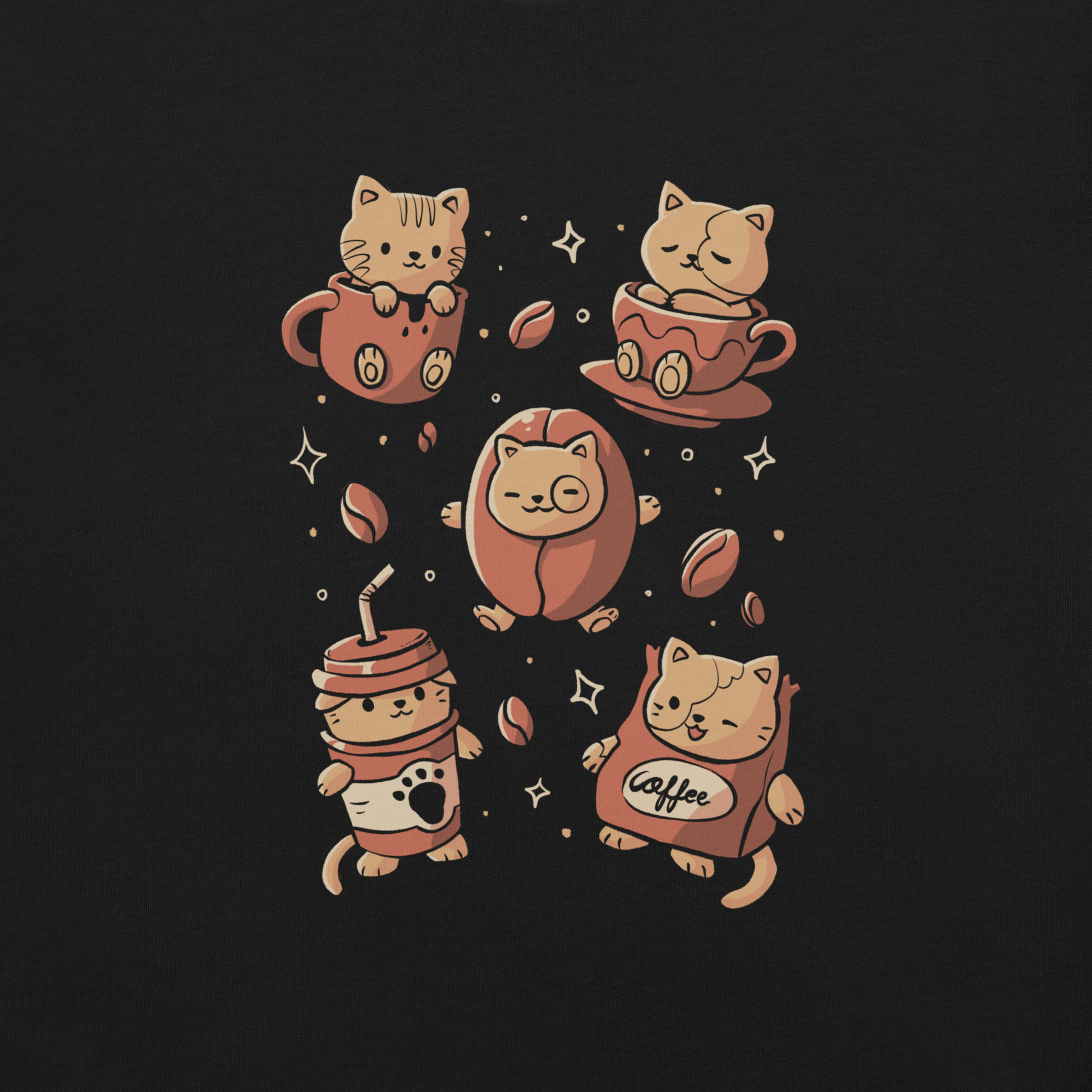 The design shows cute kittens interacting with coffee-themed elements. One kitten sits in a mug, another in a cup, a third in a coffee bean, while two wear coffee cup and bag costumes. The style is playful and cartoonish with a warm color palette and whimsical coffee beans scattered around.