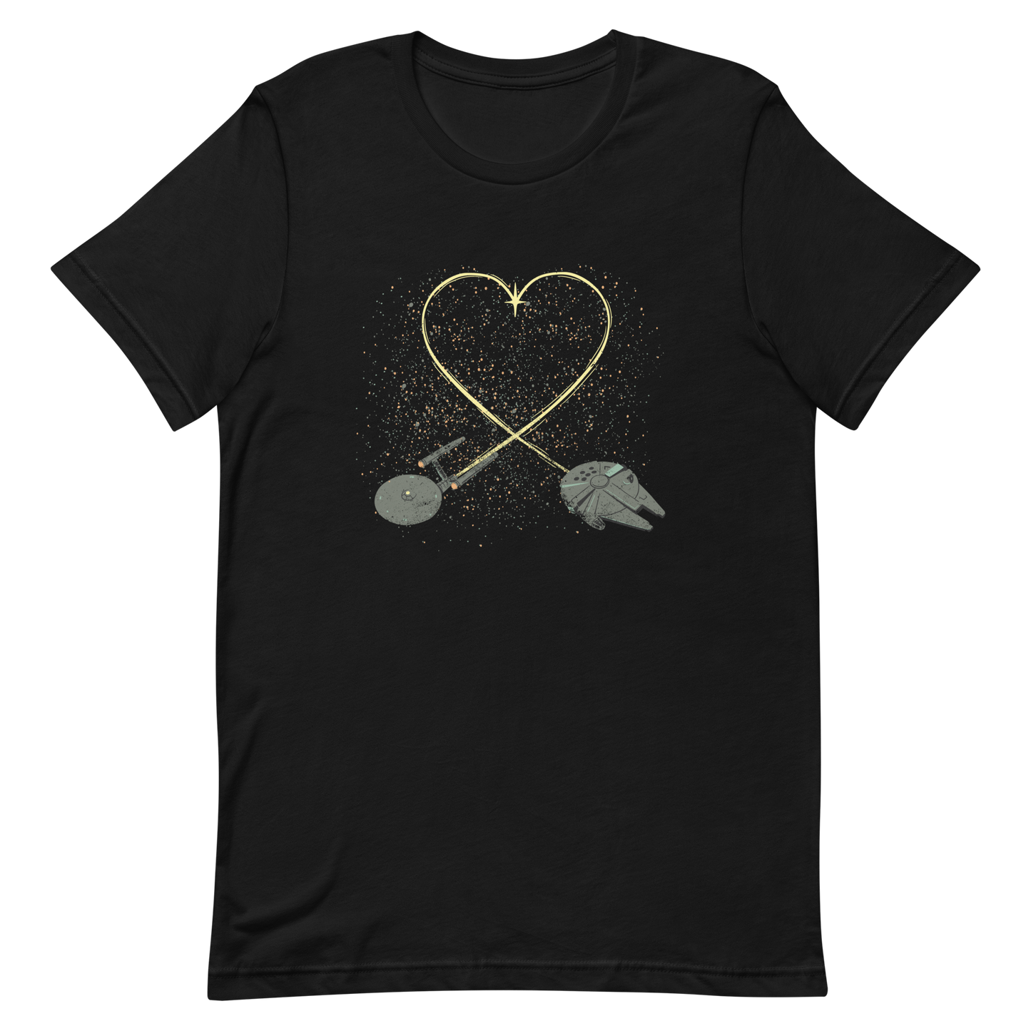 A romantic sci-fi illustration of two retro-inspired spaceships flying through space, their trails forming a heart shape. A subtle tribute to classic science fiction adventures, perfect for sci-fi fans who love a touch of romance.