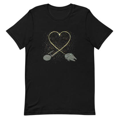 A romantic sci-fi illustration of two retro-inspired spaceships flying through space, their trails forming a heart shape. A subtle tribute to classic science fiction adventures, perfect for sci-fi fans who love a touch of romance.