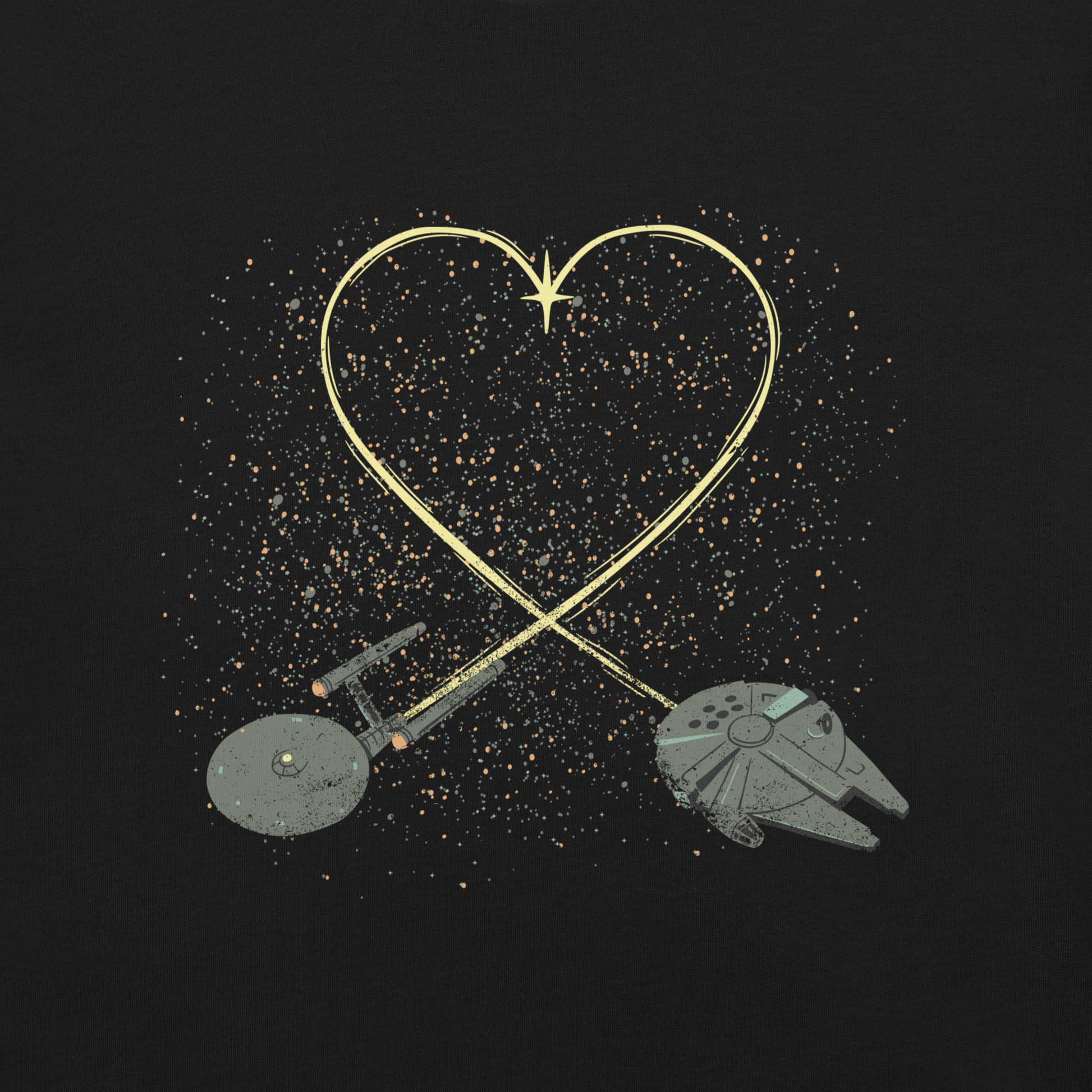 A romantic sci-fi illustration of two retro-inspired spaceships flying through space, their trails forming a heart shape. A subtle tribute to classic science fiction adventures, perfect for sci-fi fans who love a touch of romance.