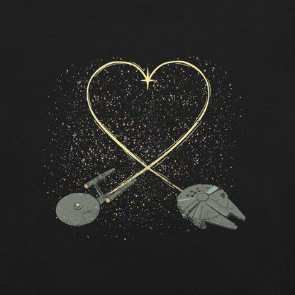 A romantic sci-fi illustration of two retro-inspired spaceships flying through space, their trails forming a heart shape. A subtle tribute to classic science fiction adventures, perfect for sci-fi fans who love a touch of romance.