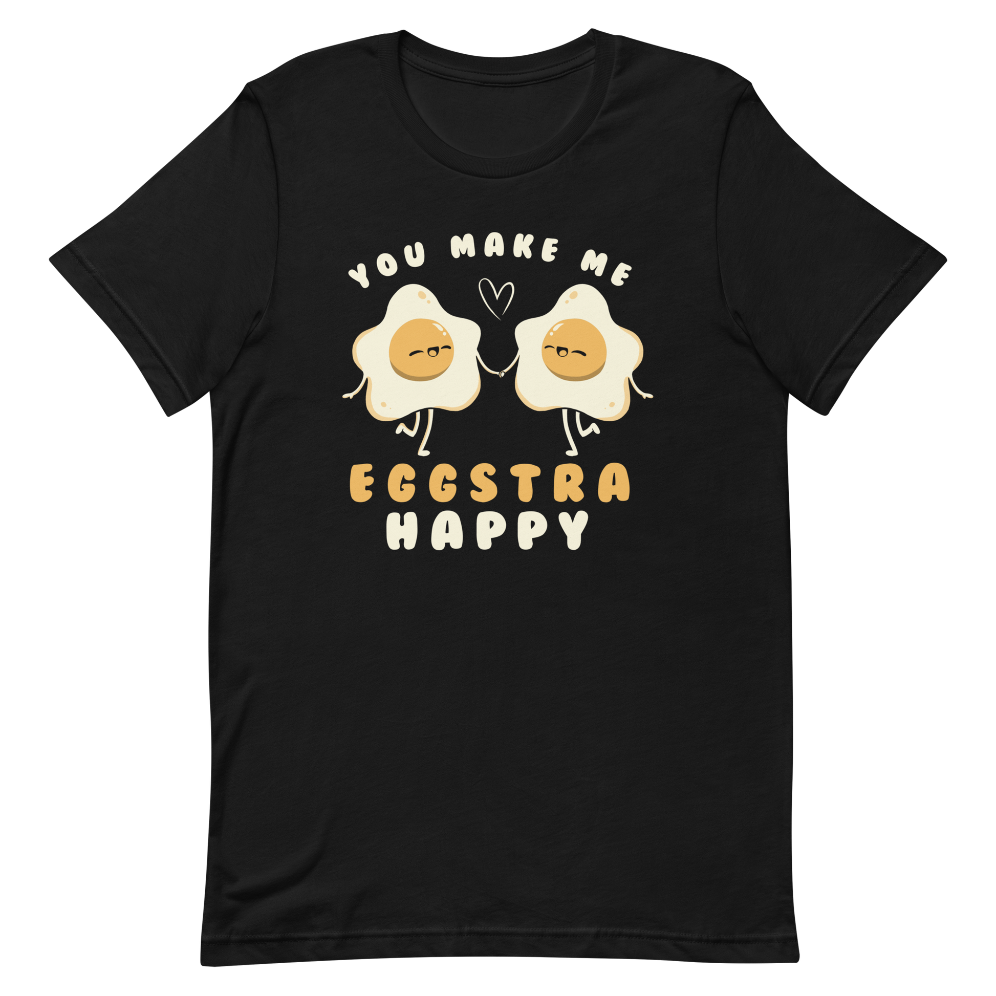 A fun and cute art of two bouncy starry eggs as if they were lovers, next to them the phrase "You make me eggstra happy". A humorous gift that combines love and eggs.